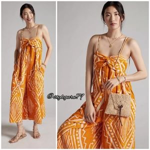 NWT, Anthropologie, Patterned Pleated Wide-Leg Jumpsuit In Orange